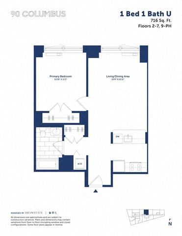 Floor plan for 1 bed, 1 bath, 716 sqft