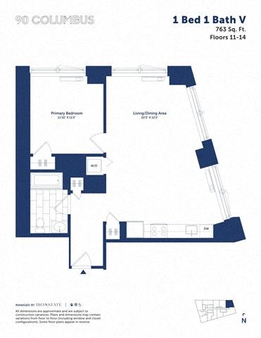Floor plan for 1 bed, 1 bath, 763 sqft