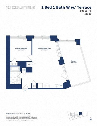 Floor plan for 1 bed, 1 bath, 805 sqft