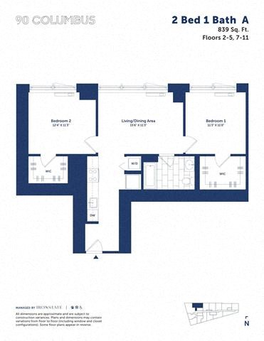 Floor plan for 2 beds, 1 bath, 839 sqft