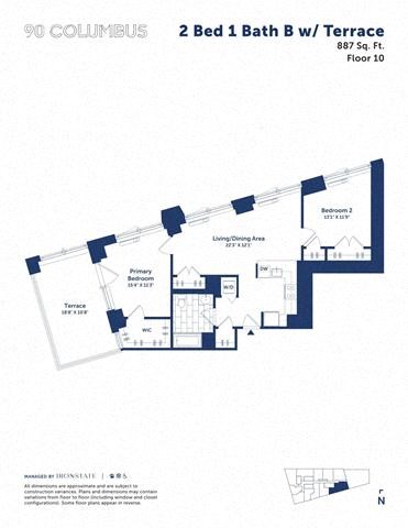 Floor plan for 2 beds, 1 bath, 887 sqft