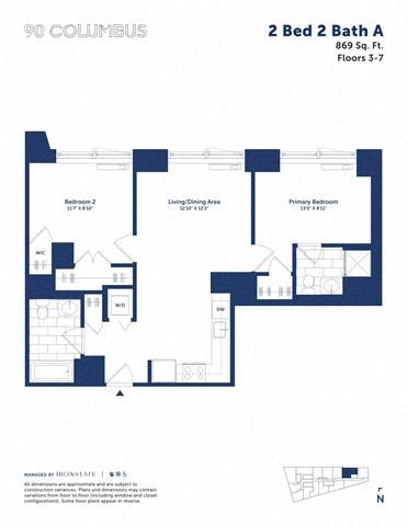 Floor plan for 2 beds, 2 baths, 869 sqft