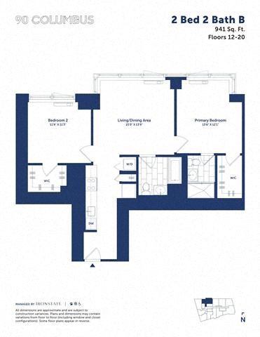 Floor plan for 2 beds, 2 baths, 941 sqft