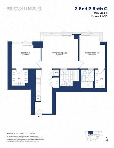 Floor plan for 2 beds, 2 baths, 965 sqft