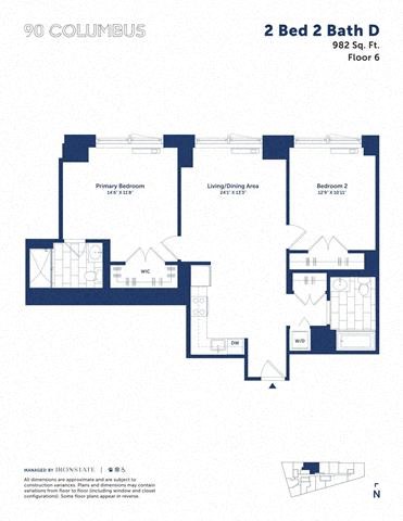 Floor plan for 2 beds, 2 baths, 982 sqft