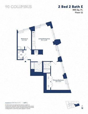 Floor plan for 2 beds, 2 baths, 995 sqft