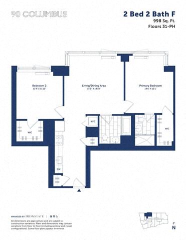 Floor plan for 2 beds, 2 baths, 998 sqft