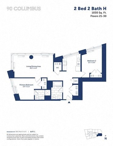 Floor plan for 2 beds, 2 baths, 1030 sqft
