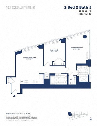 Floor plan for 2 beds, 2 baths, 1045 sqft