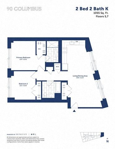 Floor plan for 2 beds, 2 baths, 1055 sqft