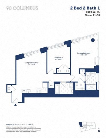 Floor plan for 2 beds, 2 baths, 1059 sqft
