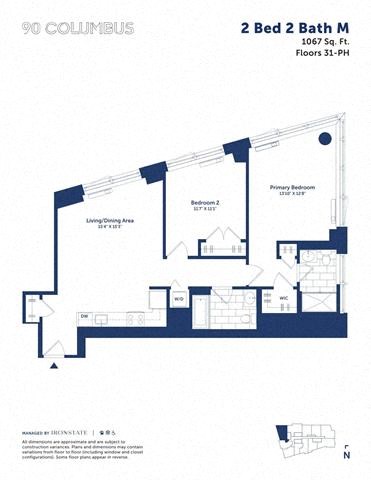 Floor plan for 2 beds, 2 baths, 1067 sqft