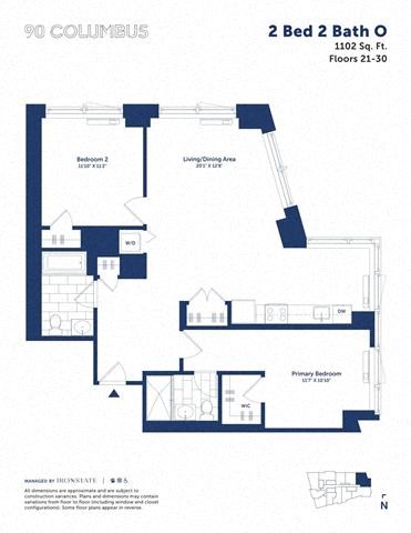 Floor plan for 2 beds, 2 baths, 1102 sqft