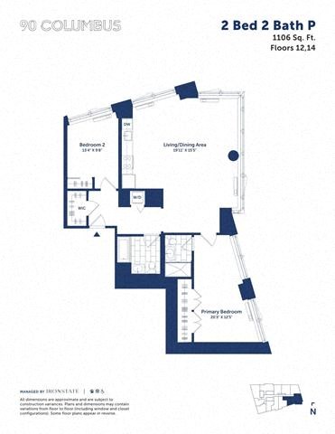 Floor plan for 2 beds, 2 baths, 1106 sqft