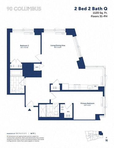 Floor plan for 2 beds, 2 baths, 1120 sqft