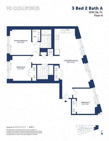 Floor plan for 3 beds, 2 baths, 1241 sqft