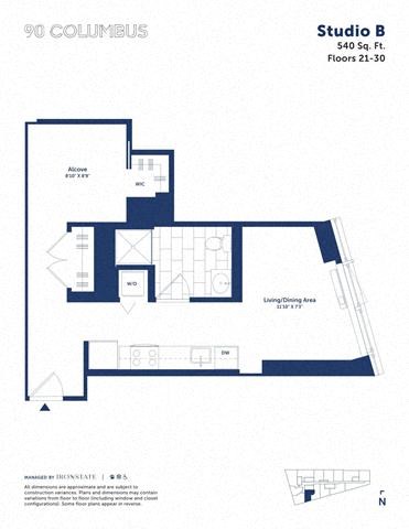 Floor plan for studio, 1 bath, 540 sqft