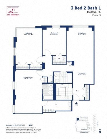 Floor plan for 3 beds, 2 baths, 1678 sqft