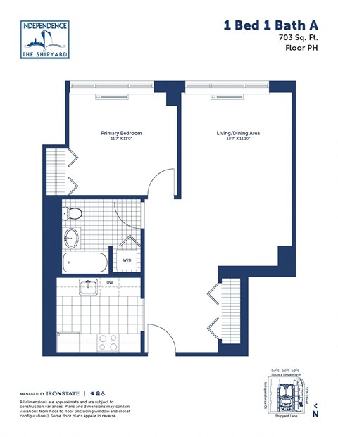 Floor plan for 1 bed, 1 bath, 703 sqft