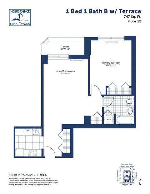 Floor plan for 1 bed, 1 bath, 747 sqft