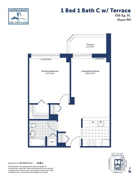 Floor plan for 1 bed, 1 bath, 756 sqft
