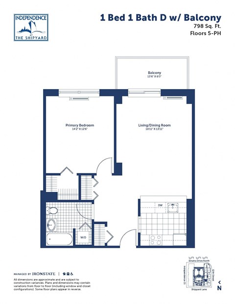 Floor plan for 1 bed, 1 bath, 798 sqft