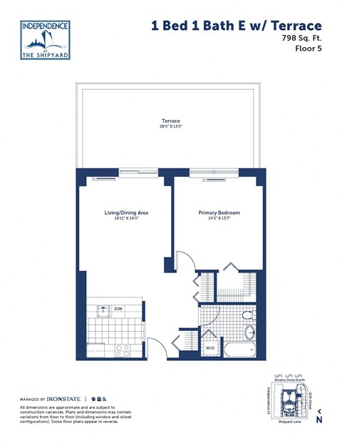 Floor plan for 1 bed, 1 bath, 798 sqft