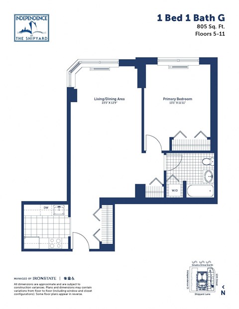 Floor plan for 1 bed, 1 bath, 805 sqft