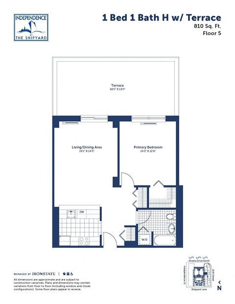 Floor plan for 1 bed, 1 bath, 810 sqft