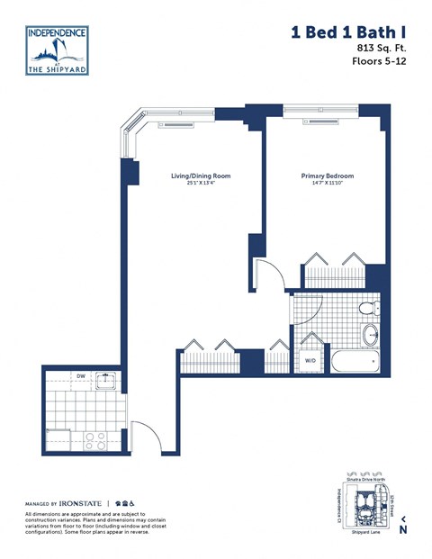 Floor plan for 1 bed, 1 bath, 813 sqft