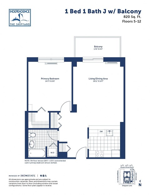 Floor plan for 1 bed, 1 bath, 820 sqft