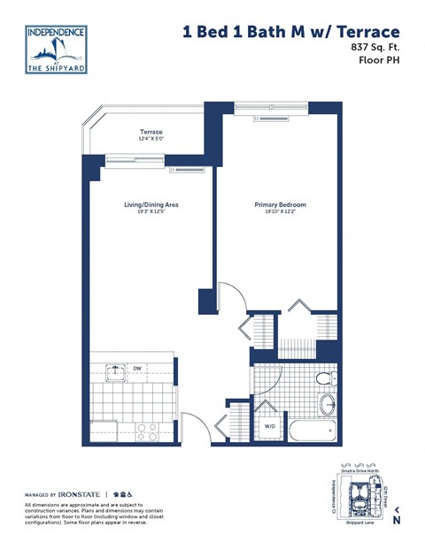 Floor plan for 1 bed, 1 bath, 837 sqft