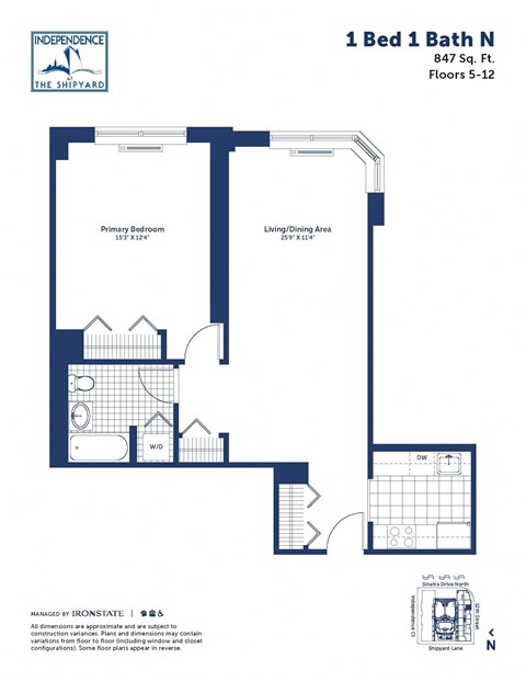 Floor plan for 1 bed, 1 bath, 847 sqft