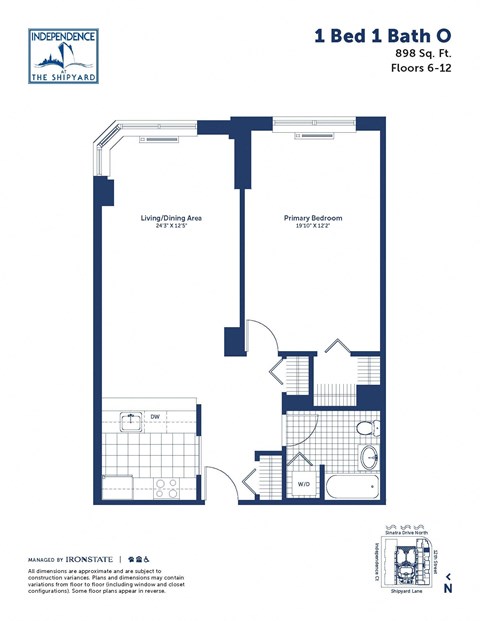 Floor plan for 1 bed, 1 bath, 898 sqft