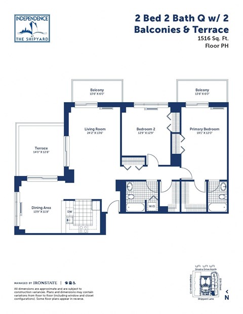 Floor plan for 2 beds, 2 baths, 1516 sqft