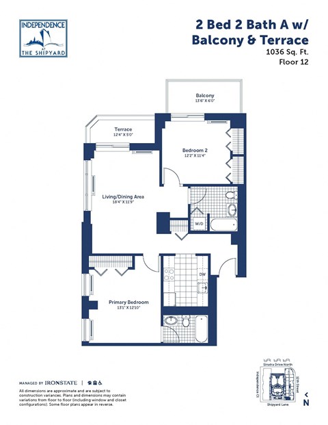 Floor plan for 2 beds, 2 baths, 1036 sqft