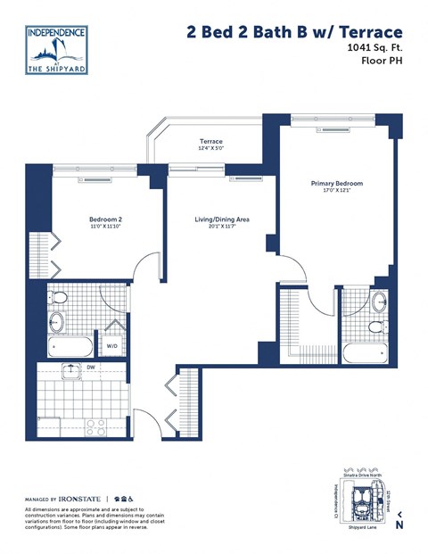 Floor plan for 2 beds, 2 baths, 1041 sqft