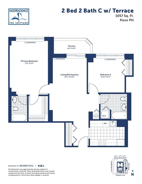 Floor plan for 2 beds, 2 baths, 1057 sqft