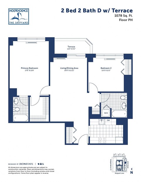 Floor plan for 2 beds, 2 baths, 1078 sqft