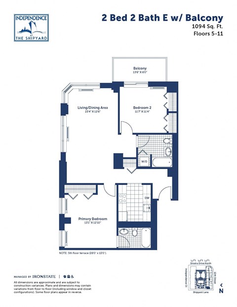 Floor plan for 2 beds, 2 baths, 1094 sqft