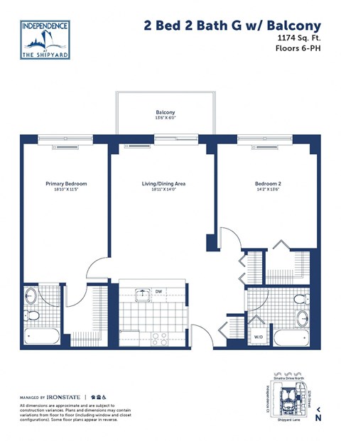 Floor plan for 2 beds, 2 baths, 1174 sqft