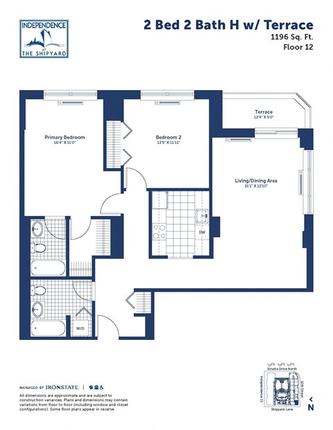Floor plan for 2 beds, 2 baths, 1196 sqft