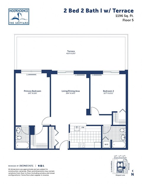 Floor plan for 2 beds, 2 baths, 1196 sqft