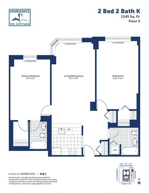 Floor plan for 2 beds, 2 baths, 1245 sqft