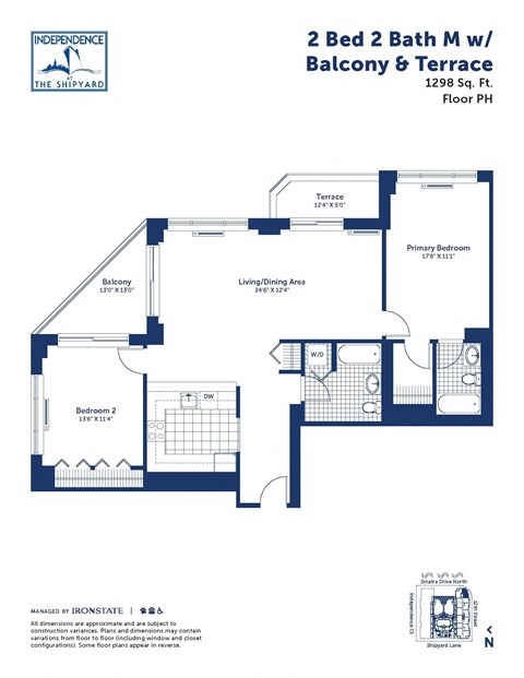 Floor plan for 2 beds, 2 baths, 1298 sqft