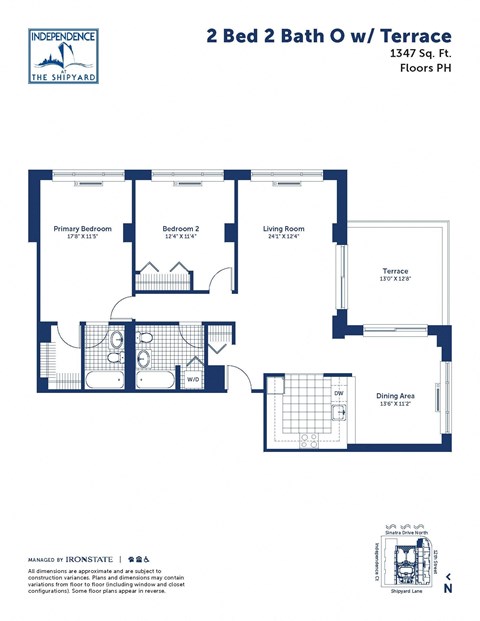 Floor plan for 2 beds, 2 baths, 1347 sqft