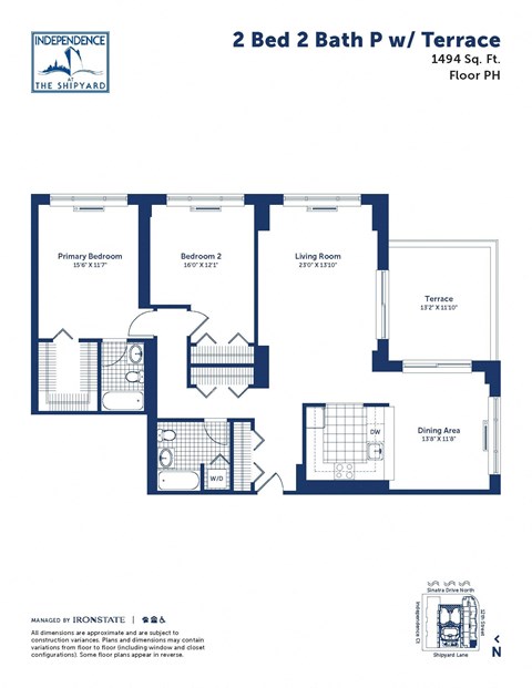 Floor plan for 2 beds, 2 baths, 1494 sqft