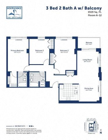 Floor plan for 3 beds, 2 baths, 1519 sqft