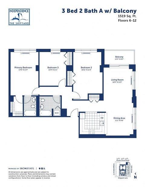 Floor plan for 3 beds, 2 baths, 1519 sqft