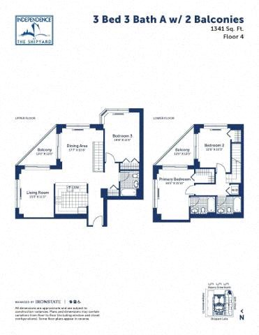 Floor plan for 3 beds, 3 baths, 1341 sqft